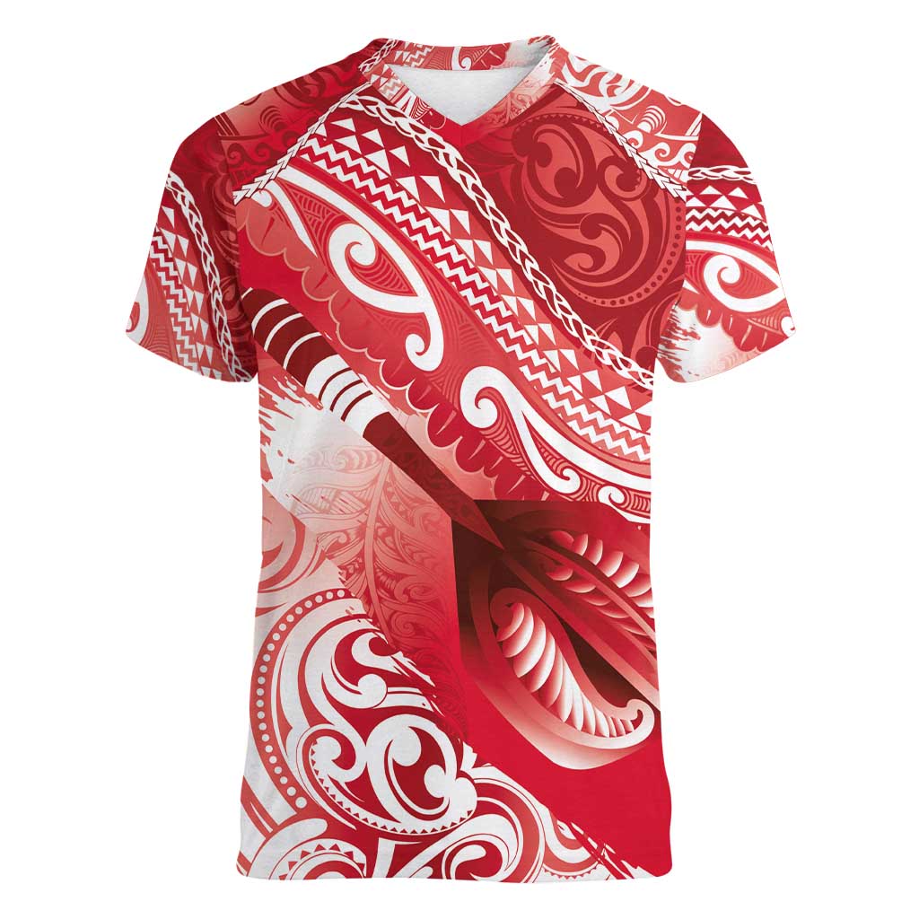 Personalised New Zealand Aotearoa Darts Masters Women V-Neck T-Shirt Maori Art Tattoo with Tribal Dart Symbol Red LT03 Female Red - Polynesian Pride