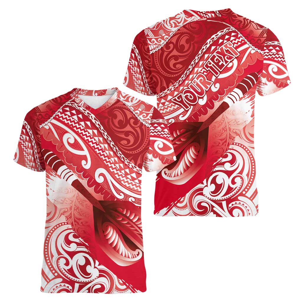 Personalised New Zealand Aotearoa Darts Masters Women V-Neck T-Shirt Maori Art Tattoo with Tribal Dart Symbol Red LT03 - Polynesian Pride
