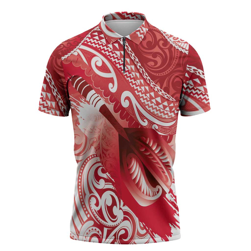 Personalised New Zealand Aotearoa Darts Masters Zipper Polo Shirt Maori Art Tattoo with Tribal Dart Symbol Red LT03 Red - Polynesian Pride