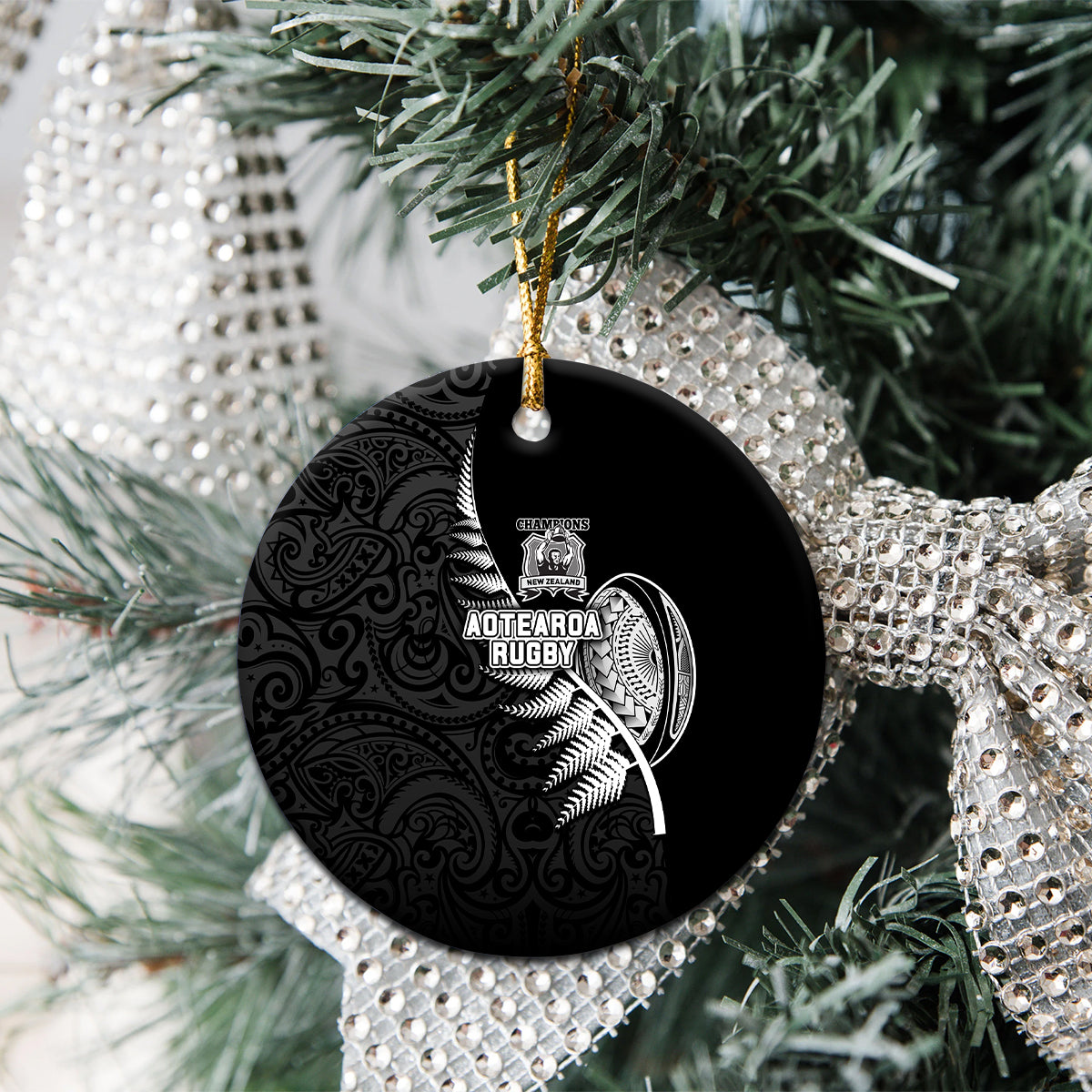 New Zealand World Cup 2023 Ceramic Ornament Aotearoa Champion Rugby with Silver Fern Maori Ethnic Pattern LT03 - Polynesian Pride