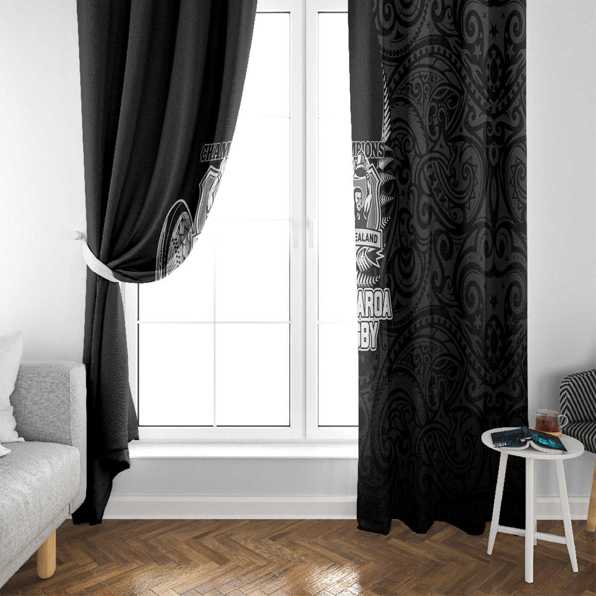 New Zealand World Cup 2023 Window Curtain Aotearoa Champion Rugby with Silver Fern Maori Ethnic Pattern LT03 - Polynesian Pride