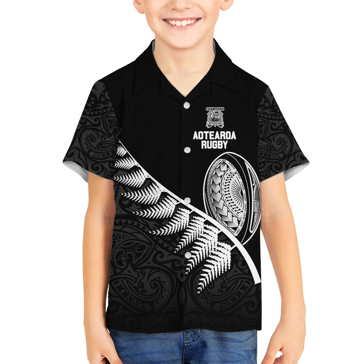 Custom New Zealand World Cup 2023 Family Matching Summer Maxi Dress and Hawaiian Shirt Aotearoa Champion Rugby with Silver Fern Maori Ethnic Pattern LT03 Son's Shirt Black - Polynesian Pride