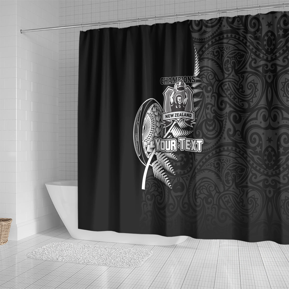 Custom New Zealand World Cup 2023 Shower Curtain Aotearoa Champion Rugby with Silver Fern Maori Ethnic Pattern LT03 - Polynesian Pride