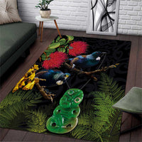 New Zealand Tui Area Rug Guardians of the Hei Tiki - Maori Art and Plants LT03 Black - Polynesian Pride