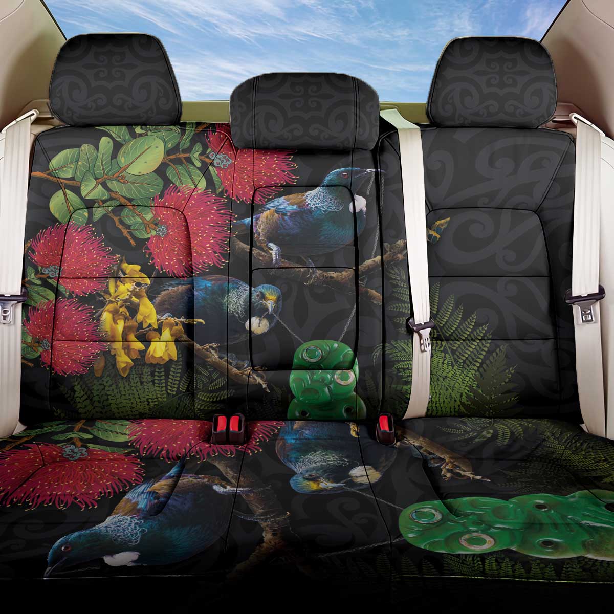 New Zealand Tui Back Car Seat Cover Guardians of the Hei Tiki - Maori Art and Plants LT03 One Size Black - Polynesian Pride