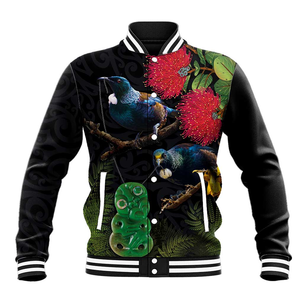 New Zealand Tui Baseball Jacket Guardians of the Hei Tiki - Maori Art and Plants LT03 Unisex Black - Polynesian Pride