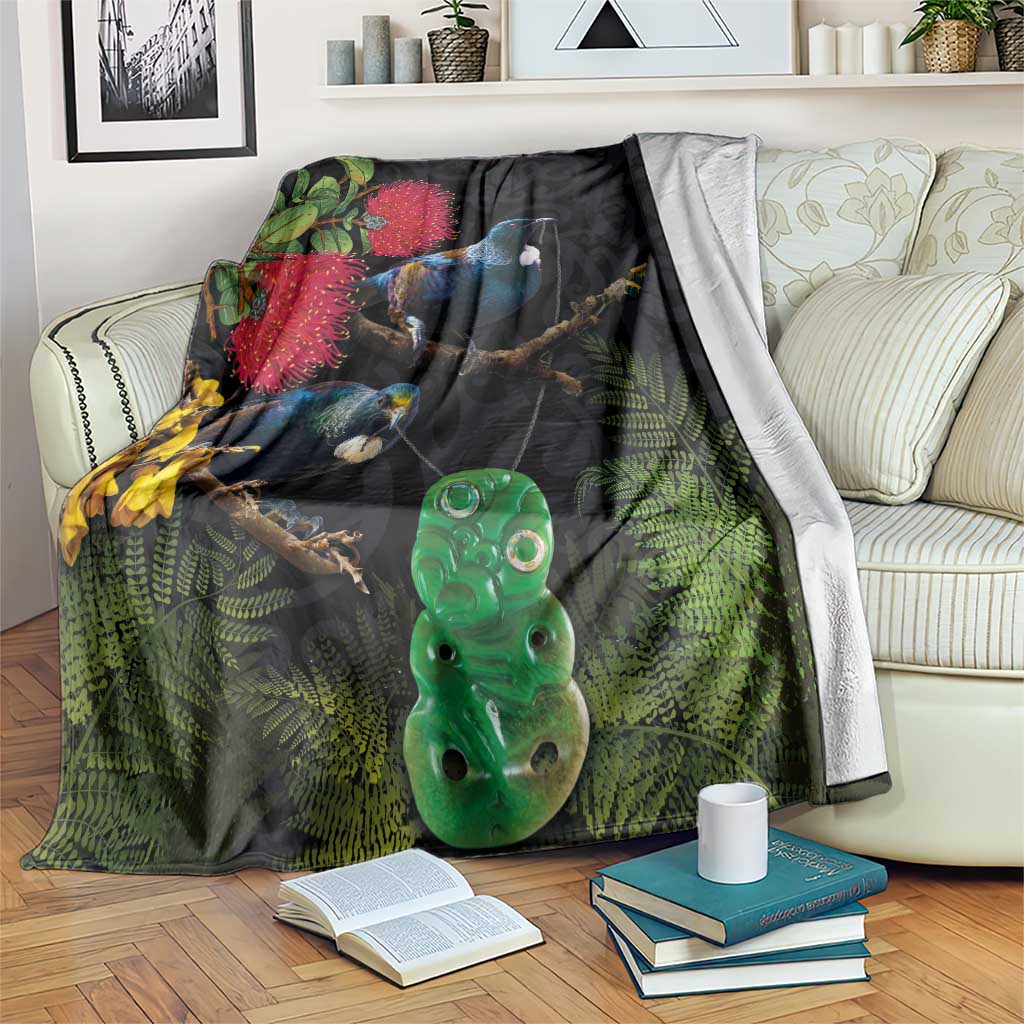 New Zealand Tui Blanket Guardians of the Hei Tiki - Maori Art and Plants LT03 Black - Polynesian Pride