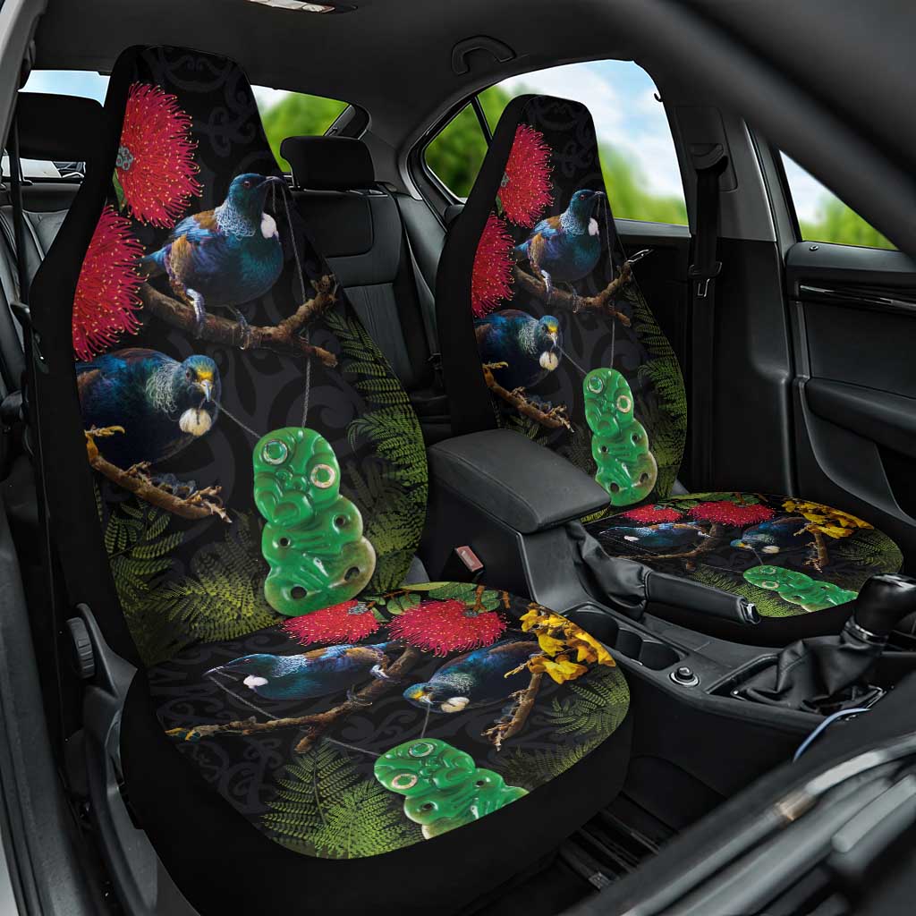 New Zealand Tui Car Seat Cover Guardians of the Hei Tiki - Maori Art and Plants LT03 One Size Black - Polynesian Pride
