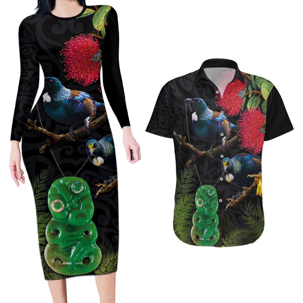 New Zealand Tui Couples Matching Long Sleeve Bodycon Dress and Hawaiian Shirt Guardians of the Hei Tiki - Maori Art and Plants LT03 Black - Polynesian Pride