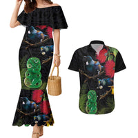 New Zealand Tui Couples Matching Mermaid Dress and Hawaiian Shirt Guardians of the Hei Tiki - Maori Art and Plants LT03 Black - Polynesian Pride