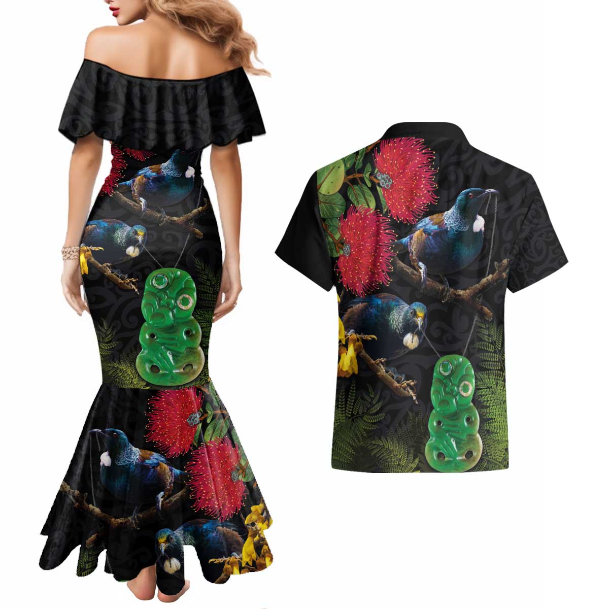 New Zealand Tui Couples Matching Mermaid Dress and Hawaiian Shirt Guardians of the Hei Tiki - Maori Art and Plants LT03 - Polynesian Pride