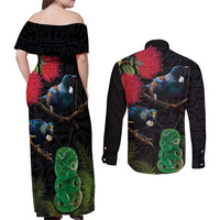 New Zealand Tui Couples Matching Off Shoulder Maxi Dress and Long Sleeve Button Shirt Guardians of the Hei Tiki - Maori Art and Plants LT03 - Polynesian Pride