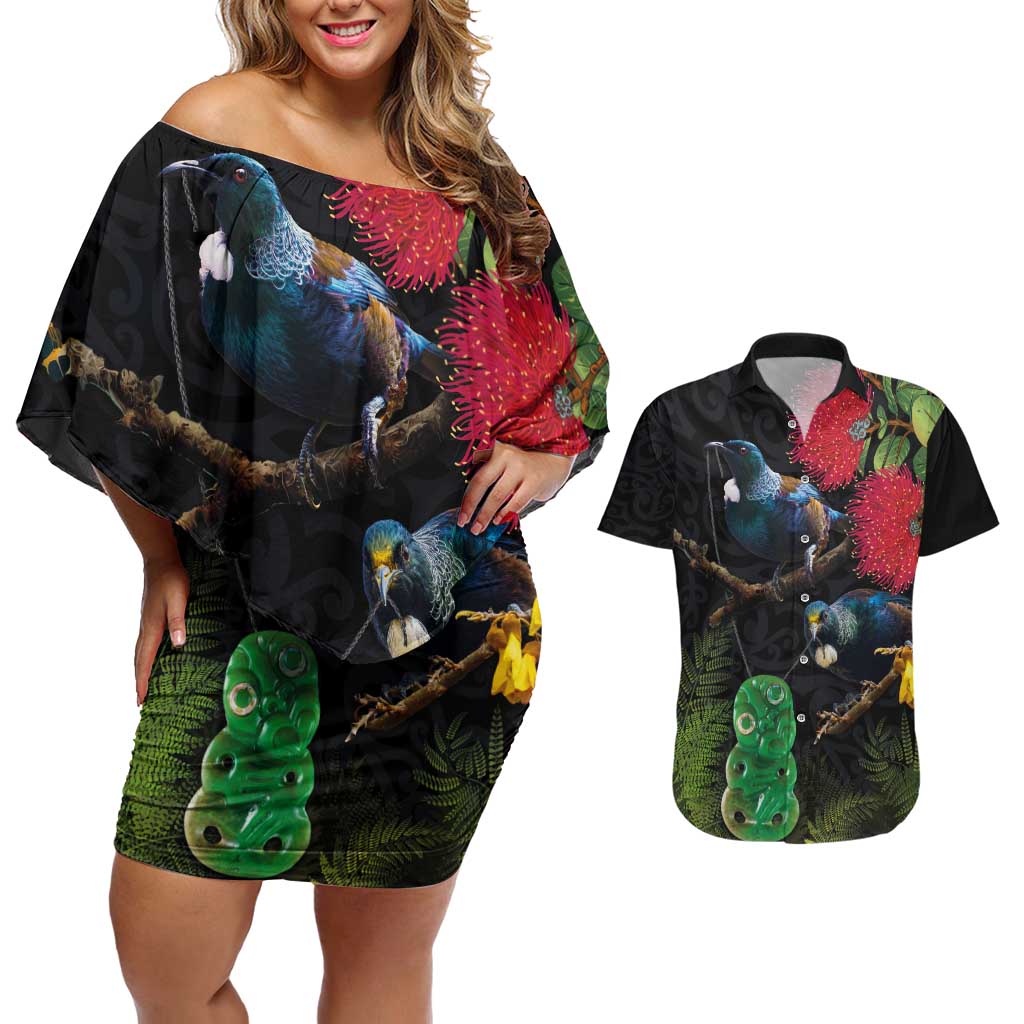 New Zealand Tui Couples Matching Off Shoulder Short Dress and Hawaiian Shirt Guardians of the Hei Tiki - Maori Art and Plants LT03 Black - Polynesian Pride