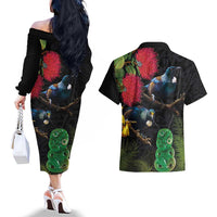 New Zealand Tui Couples Matching Off The Shoulder Long Sleeve Dress and Hawaiian Shirt Guardians of the Hei Tiki - Maori Art and Plants LT03 - Polynesian Pride