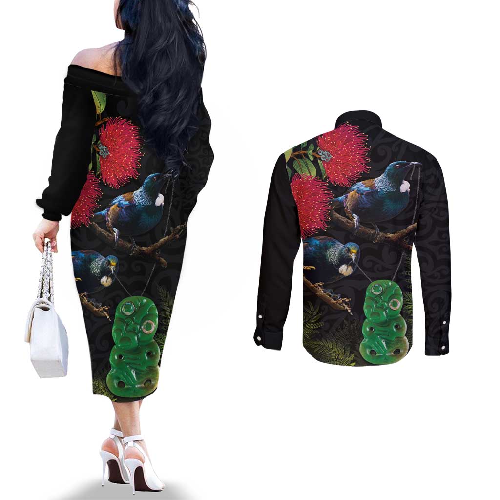 New Zealand Tui Couples Matching Off The Shoulder Long Sleeve Dress and Long Sleeve Button Shirt Guardians of the Hei Tiki - Maori Art and Plants LT03 - Polynesian Pride