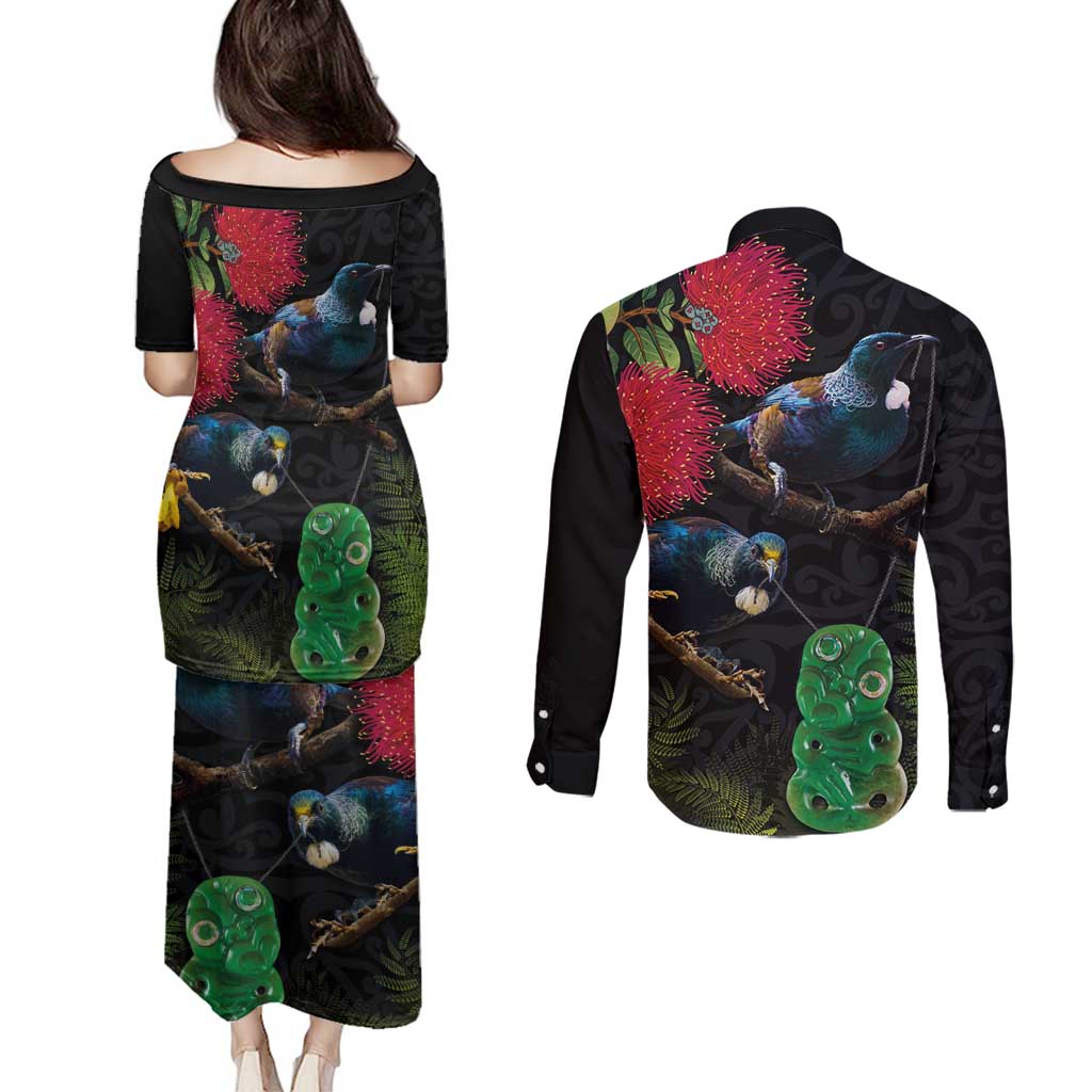 New Zealand Tui Couples Matching Puletasi and Long Sleeve Button Shirt Guardians of the Hei Tiki - Maori Art and Plants LT03 - Polynesian Pride