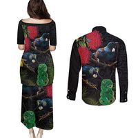 New Zealand Tui Couples Matching Puletasi and Long Sleeve Button Shirt Guardians of the Hei Tiki - Maori Art and Plants LT03 - Polynesian Pride