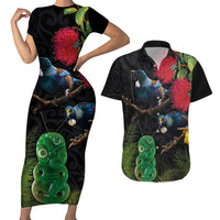 New Zealand Tui Couples Matching Short Sleeve Bodycon Dress and Hawaiian Shirt Guardians of the Hei Tiki - Maori Art and Plants LT03 Black - Polynesian Pride