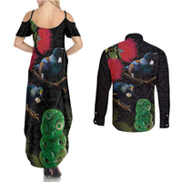 New Zealand Tui Couples Matching Summer Maxi Dress and Long Sleeve Button Shirt Guardians of the Hei Tiki - Maori Art and Plants LT03 - Polynesian Pride
