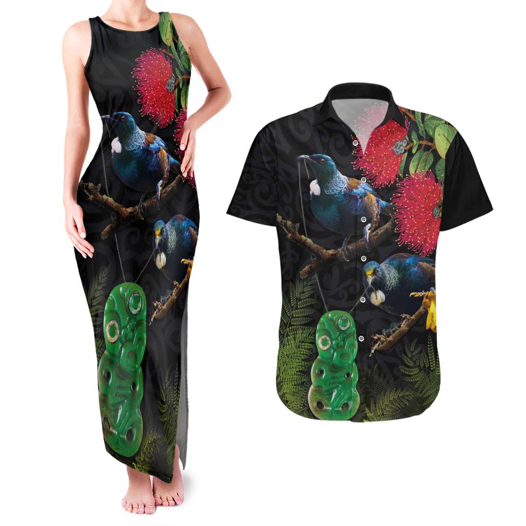 New Zealand Tui Couples Matching Tank Maxi Dress and Hawaiian Shirt Guardians of the Hei Tiki - Maori Art and Plants LT03 Black - Polynesian Pride