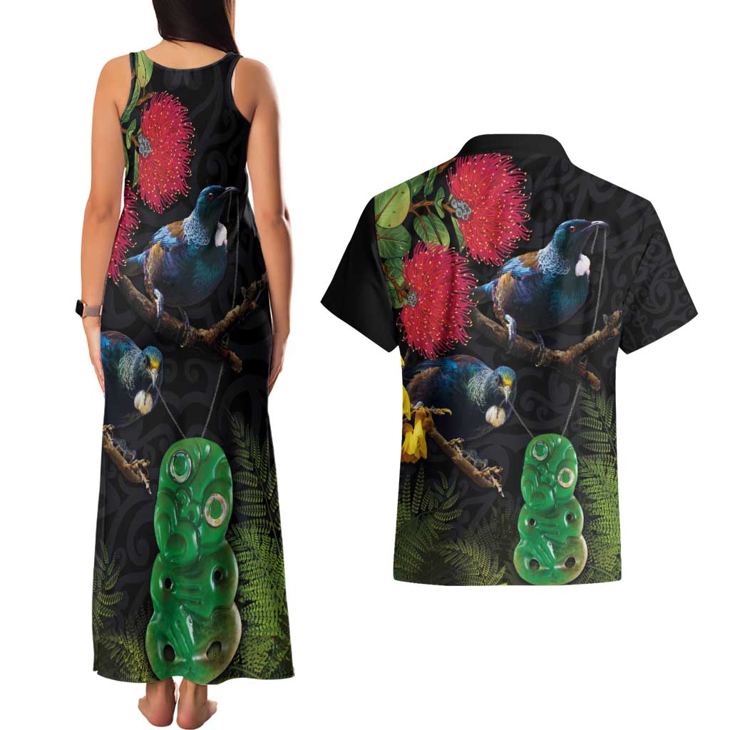 New Zealand Tui Couples Matching Tank Maxi Dress and Hawaiian Shirt Guardians of the Hei Tiki - Maori Art and Plants LT03 - Polynesian Pride