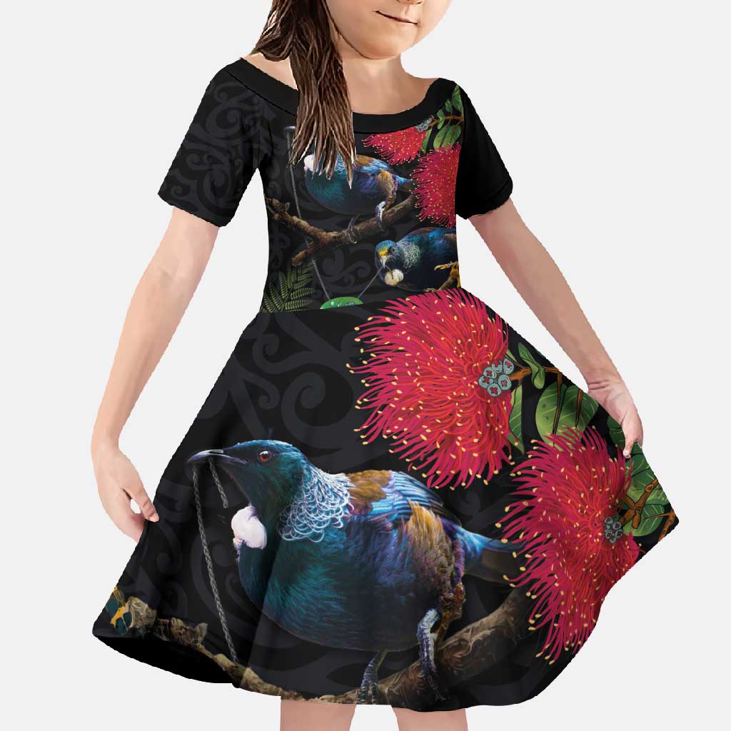 New Zealand Tui Family Matching Long Sleeve Bodycon Dress and Hawaiian Shirt Guardians of the Hei Tiki - Maori Art and Plants LT03 Daughter's Dress Black - Polynesian Pride