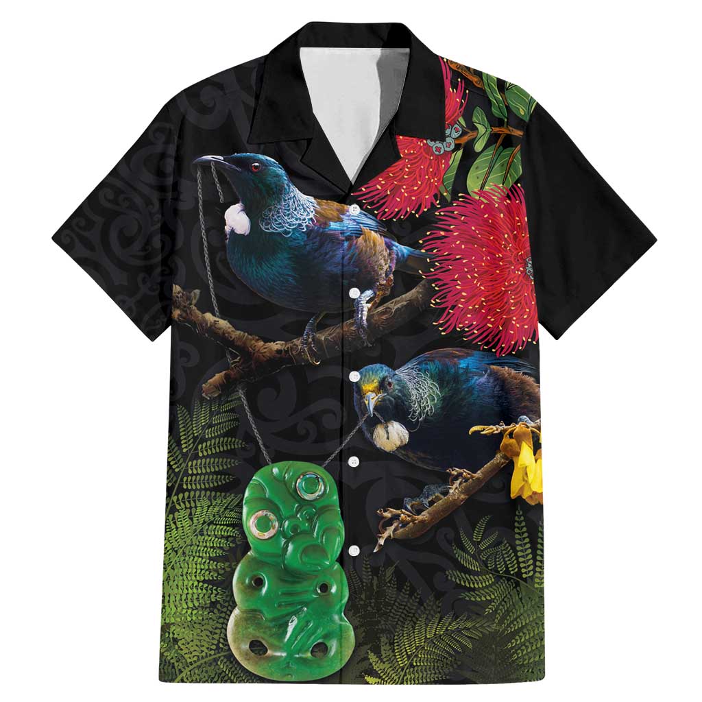 New Zealand Tui Family Matching Mermaid Dress and Hawaiian Shirt Guardians of the Hei Tiki - Maori Art and Plants LT03 Dad's Shirt - Short Sleeve Black - Polynesian Pride