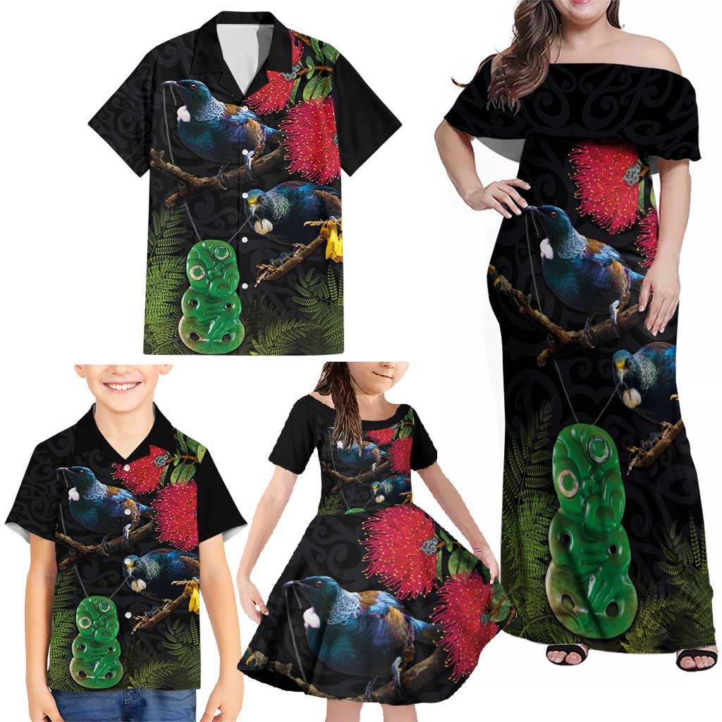 New Zealand Tui Family Matching Off Shoulder Maxi Dress and Hawaiian Shirt Guardians of the Hei Tiki - Maori Art and Plants LT03 - Polynesian Pride