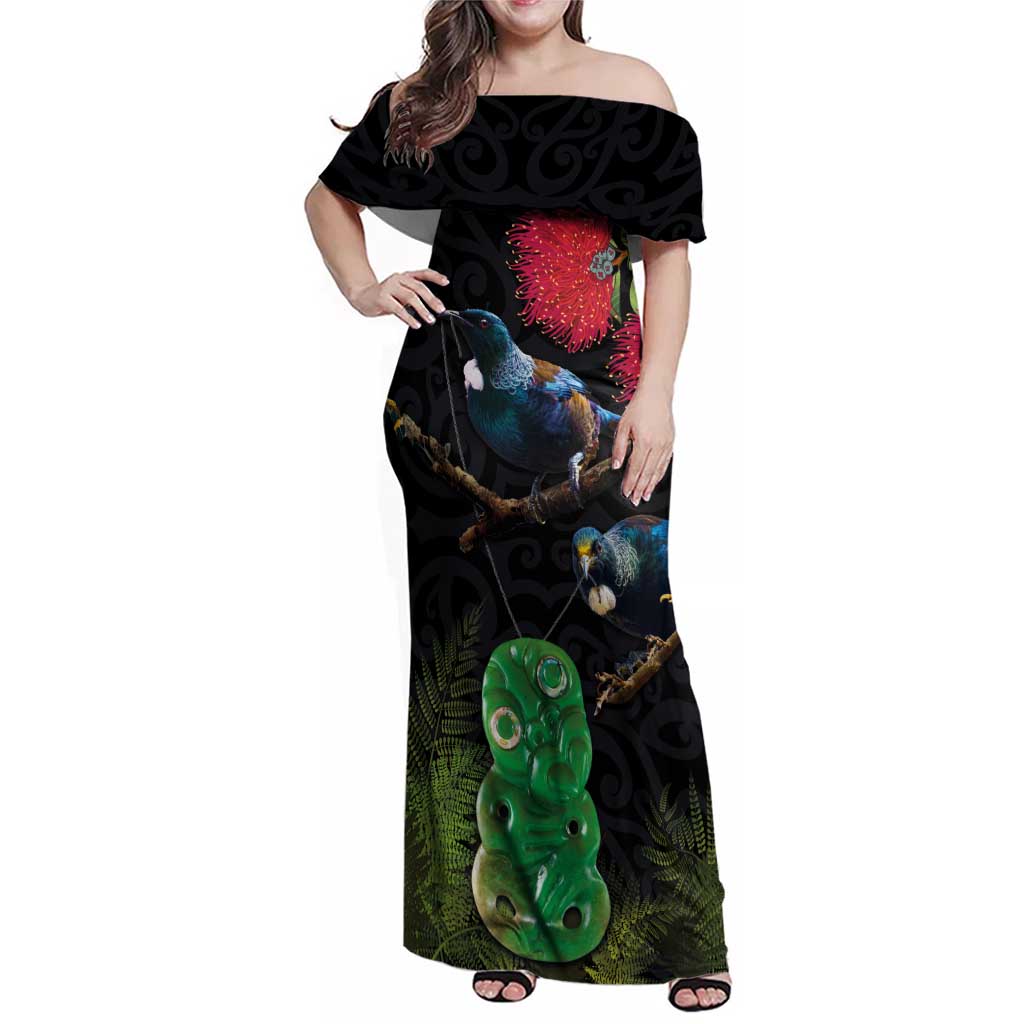 New Zealand Tui Family Matching Off Shoulder Maxi Dress and Hawaiian Shirt Guardians of the Hei Tiki - Maori Art and Plants LT03 Mom's Dress Black - Polynesian Pride