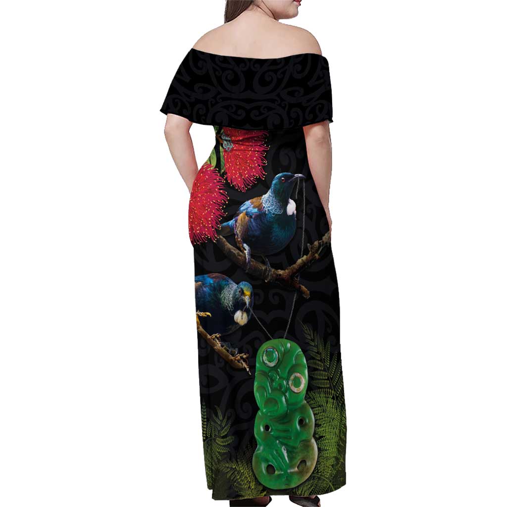 New Zealand Tui Family Matching Off Shoulder Maxi Dress and Hawaiian Shirt Guardians of the Hei Tiki - Maori Art and Plants LT03 - Polynesian Pride