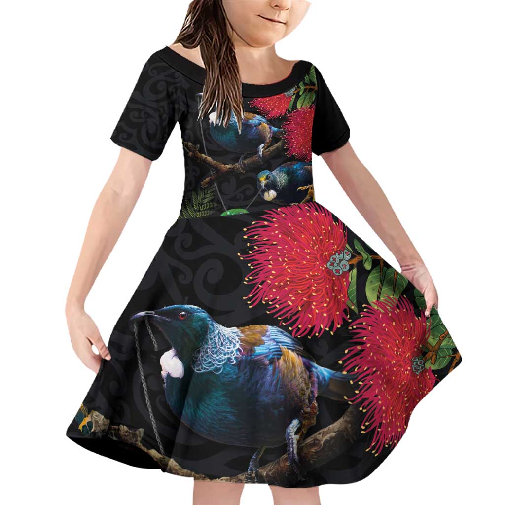 New Zealand Tui Family Matching Off Shoulder Short Dress and Hawaiian Shirt Guardians of the Hei Tiki - Maori Art and Plants LT03 Daughter's Dress Black - Polynesian Pride