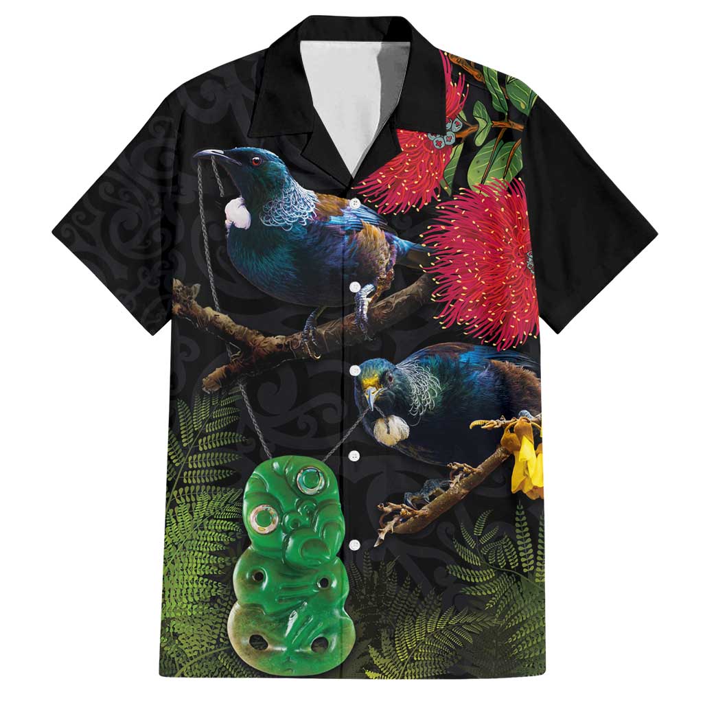 New Zealand Tui Family Matching Off Shoulder Short Dress and Hawaiian Shirt Guardians of the Hei Tiki - Maori Art and Plants LT03 Dad's Shirt - Short Sleeve Black - Polynesian Pride