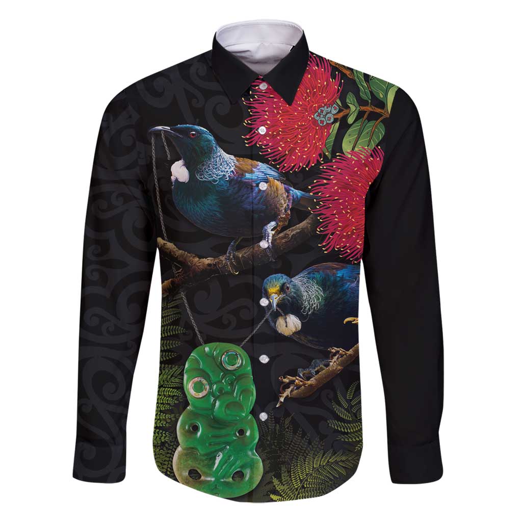 New Zealand Tui Family Matching Off Shoulder Short Dress and Hawaiian Shirt Guardians of the Hei Tiki - Maori Art and Plants LT03 Dad's Shirt - Long Sleeve Black - Polynesian Pride