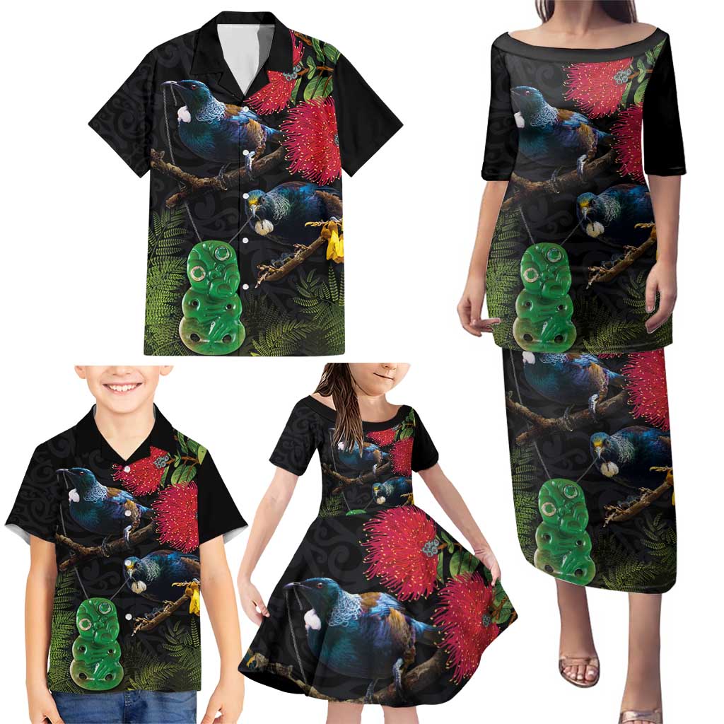 New Zealand Tui Family Matching Puletasi and Hawaiian Shirt Guardians of the Hei Tiki - Maori Art and Plants LT03 - Polynesian Pride