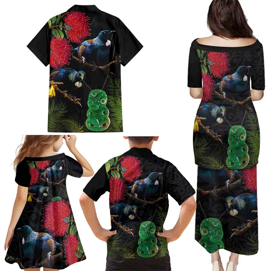 New Zealand Tui Family Matching Puletasi and Hawaiian Shirt Guardians of the Hei Tiki - Maori Art and Plants LT03 - Polynesian Pride