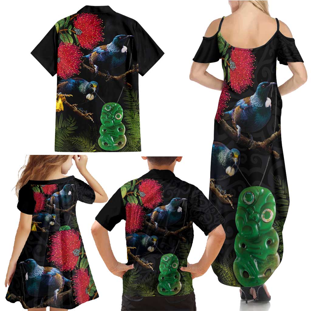 New Zealand Tui Family Matching Summer Maxi Dress and Hawaiian Shirt Guardians of the Hei Tiki - Maori Art and Plants LT03 - Polynesian Pride