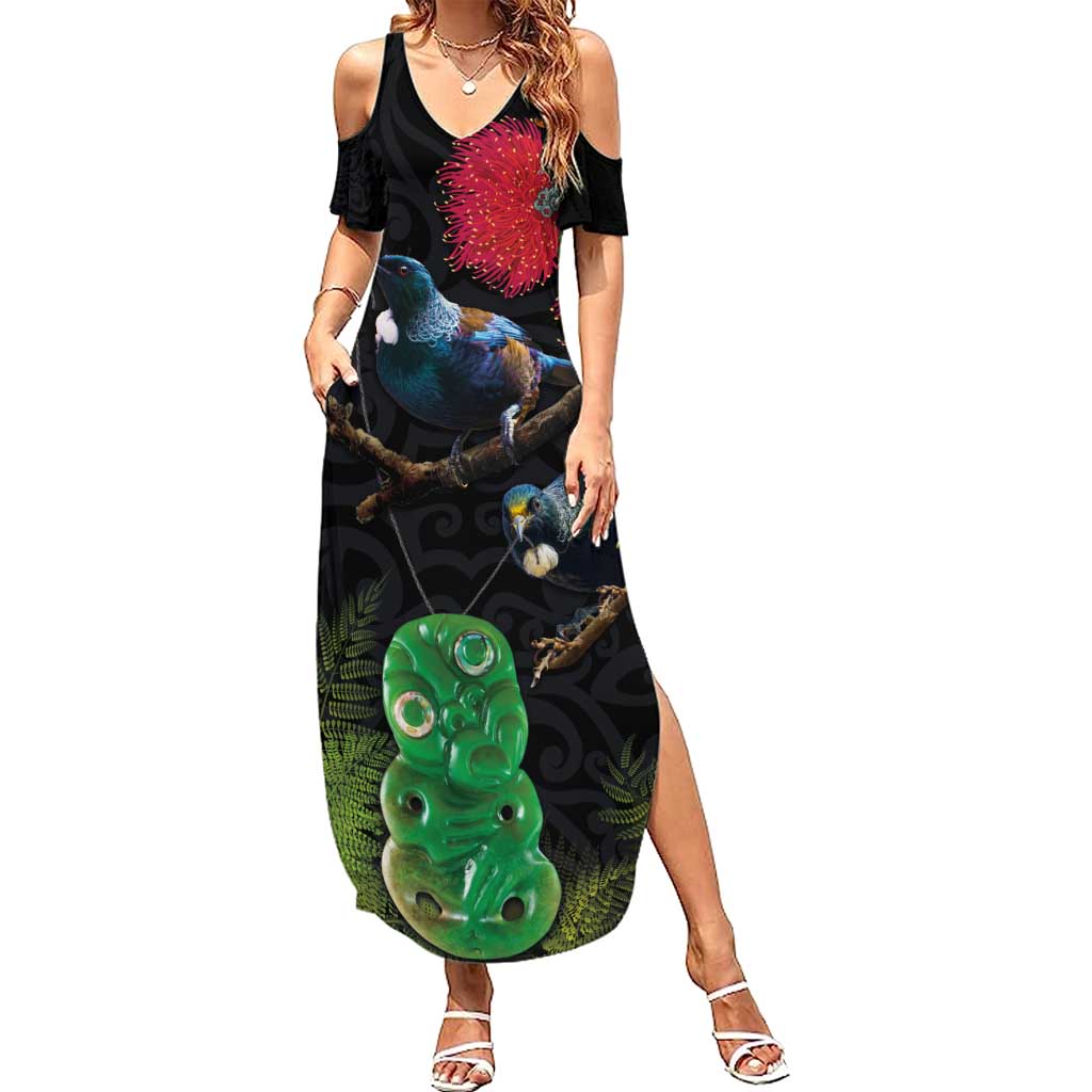 New Zealand Tui Family Matching Summer Maxi Dress and Hawaiian Shirt Guardians of the Hei Tiki - Maori Art and Plants LT03 Mom's Dress Black - Polynesian Pride