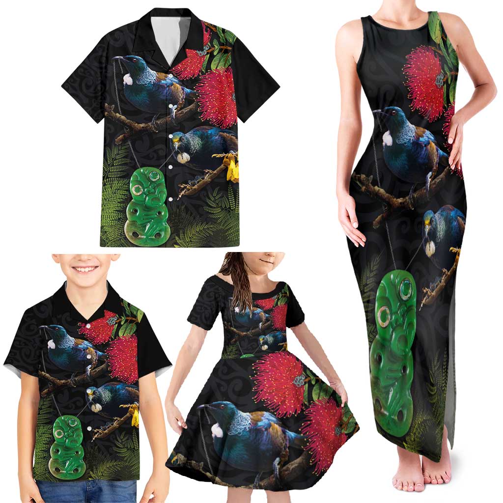 New Zealand Tui Family Matching Tank Maxi Dress and Hawaiian Shirt Guardians of the Hei Tiki - Maori Art and Plants LT03 - Polynesian Pride