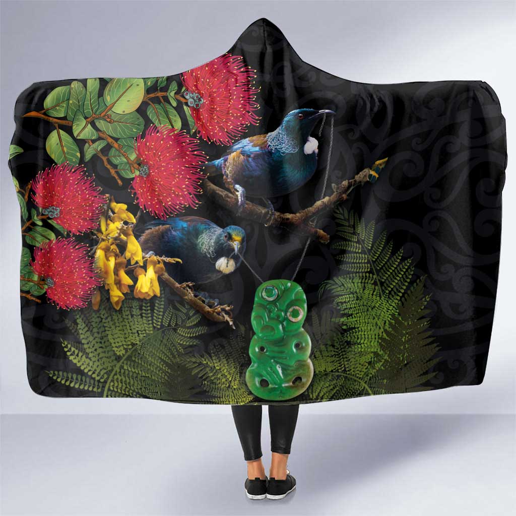 New Zealand Tui Hooded Blanket Guardians of the Hei Tiki - Maori Art and Plants LT03 One Size Black - Polynesian Pride