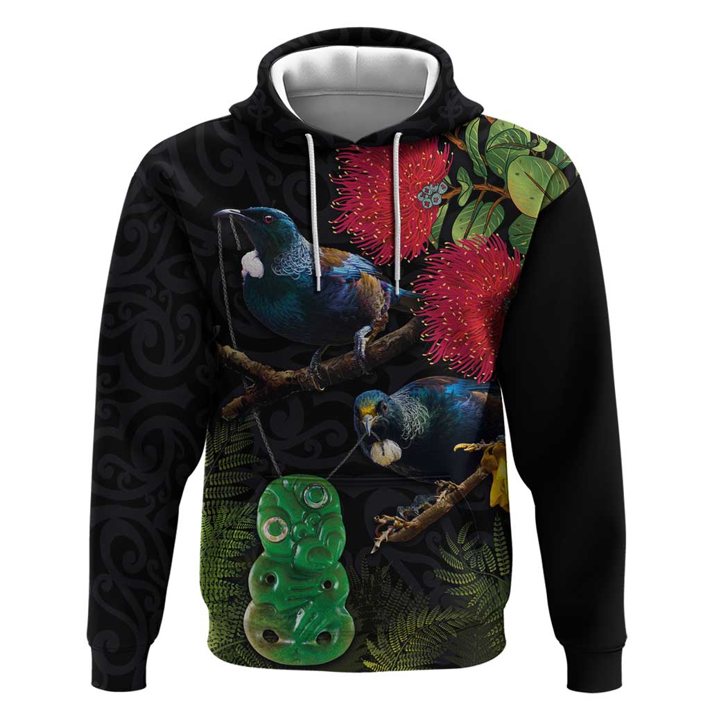 New Zealand Tui Hoodie Guardians of the Hei Tiki - Maori Art and Plants LT03 Pullover Hoodie Black - Polynesian Pride