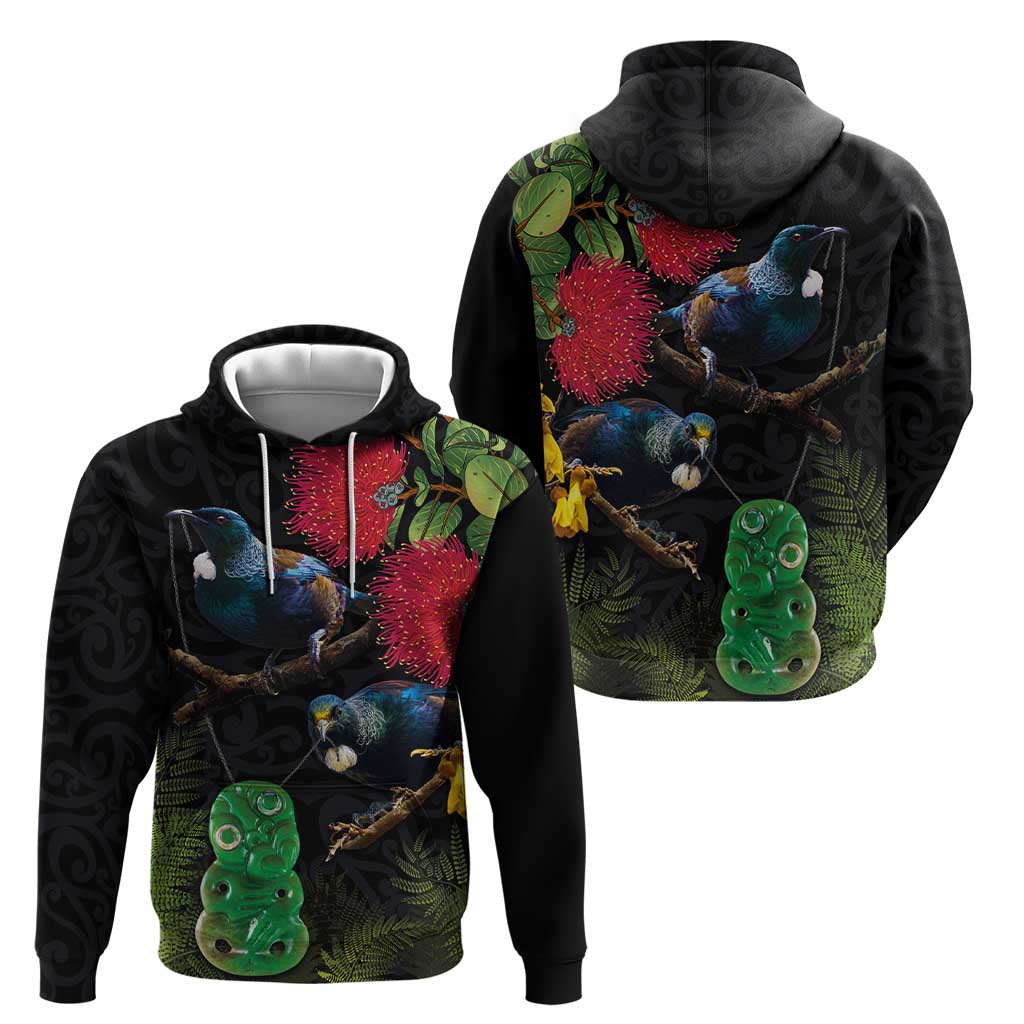 New Zealand Tui Hoodie Guardians of the Hei Tiki - Maori Art and Plants LT03 - Polynesian Pride