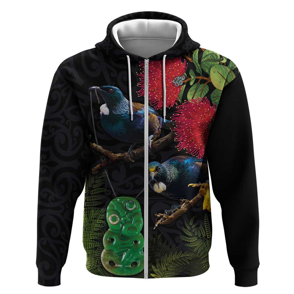 New Zealand Tui Hoodie Guardians of the Hei Tiki - Maori Art and Plants LT03 Zip Hoodie Black - Polynesian Pride