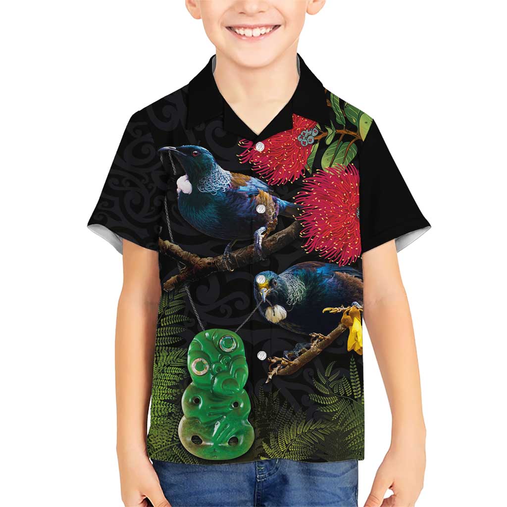 New Zealand Tui Kid Hawaiian Shirt Guardians of the Hei Tiki - Maori Art and Plants LT03 Kid Black - Polynesian Pride