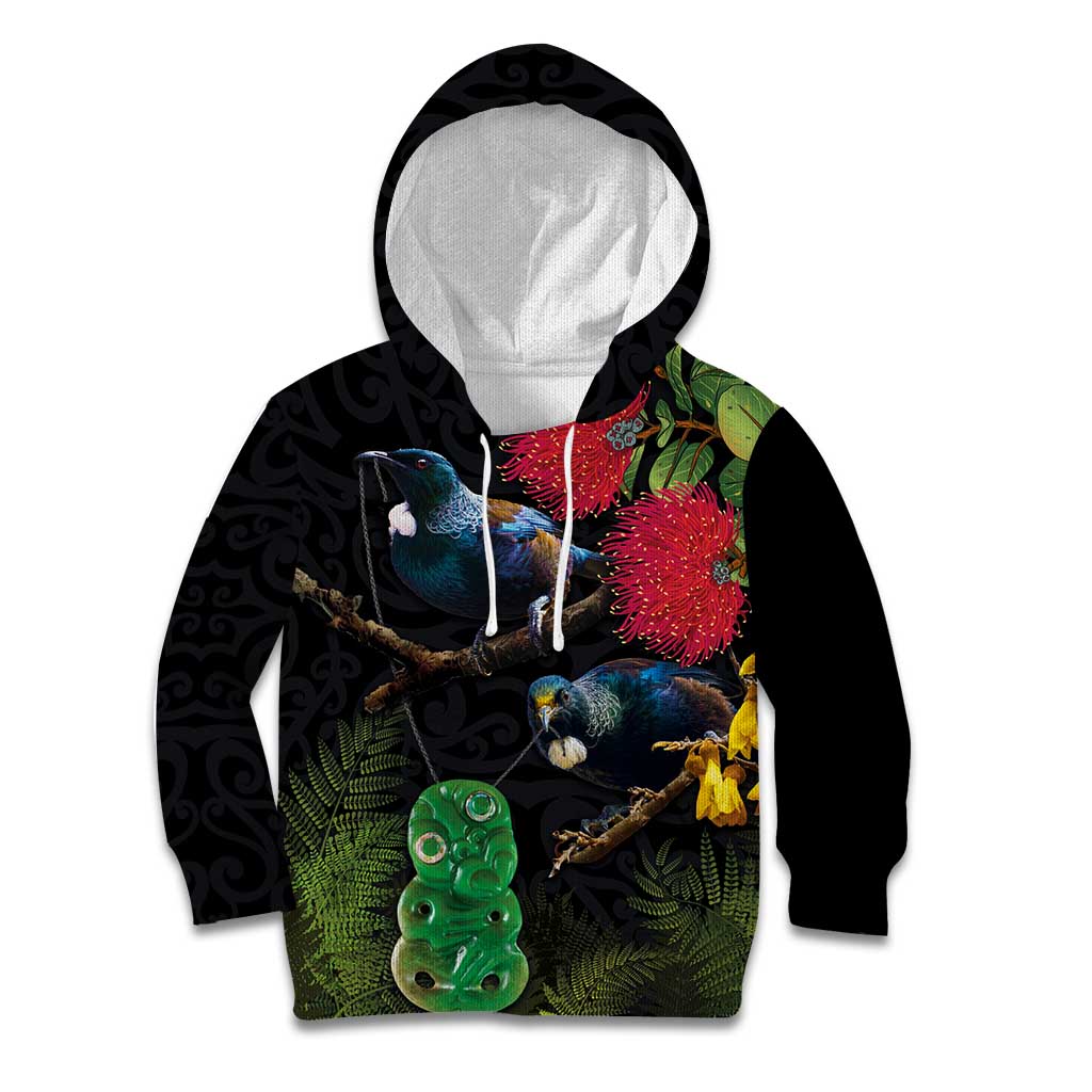 New Zealand Tui Kid Hoodie Guardians of the Hei Tiki - Maori Art and Plants LT03 Hoodie Black - Polynesian Pride