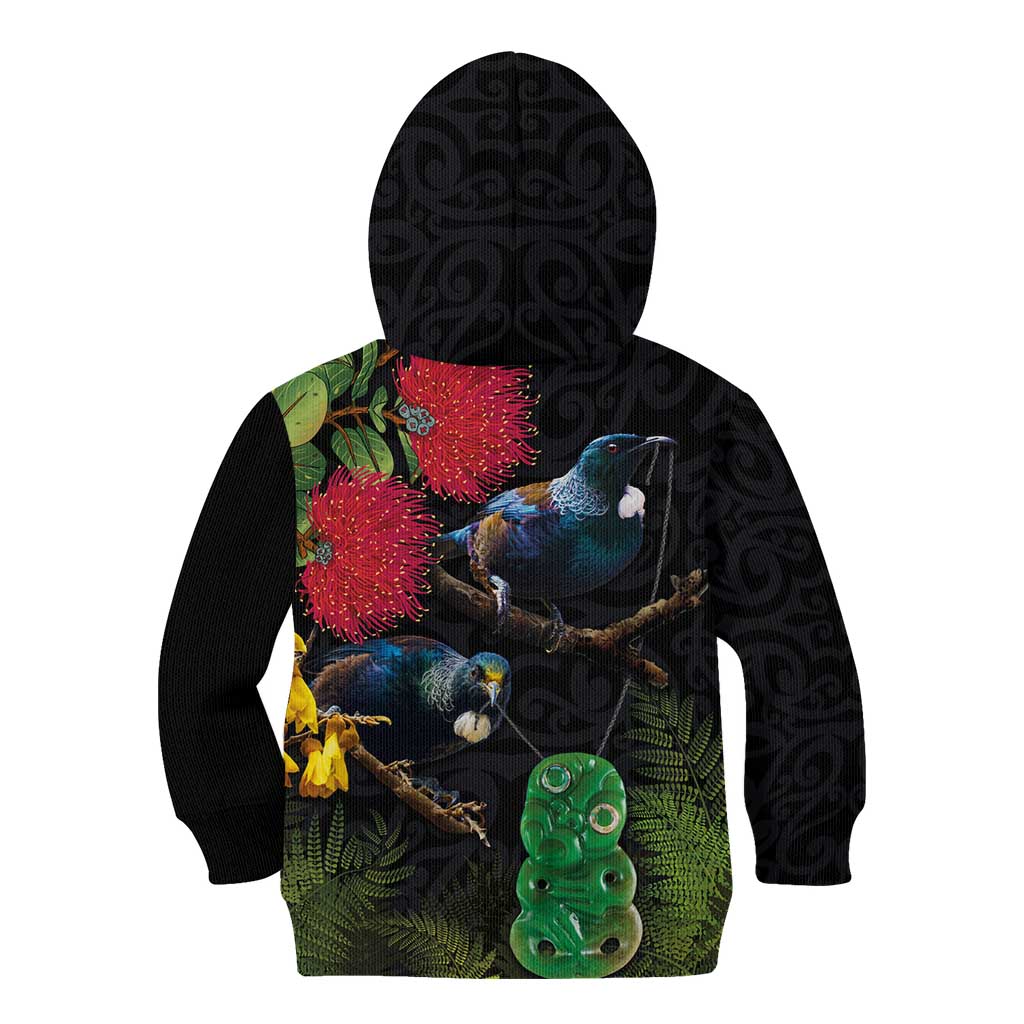 New Zealand Tui Kid Hoodie Guardians of the Hei Tiki - Maori Art and Plants LT03 - Polynesian Pride