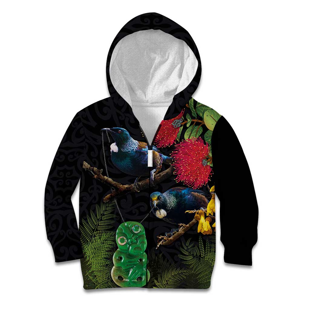 New Zealand Tui Kid Hoodie Guardians of the Hei Tiki - Maori Art and Plants LT03 Zip Hoodie Black - Polynesian Pride