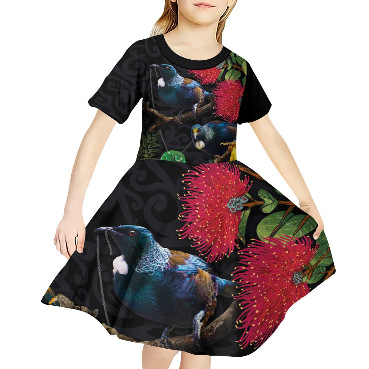 New Zealand Tui Kid Short Sleeve Dress Guardians of the Hei Tiki - Maori Art and Plants LT03 - Polynesian Pride
