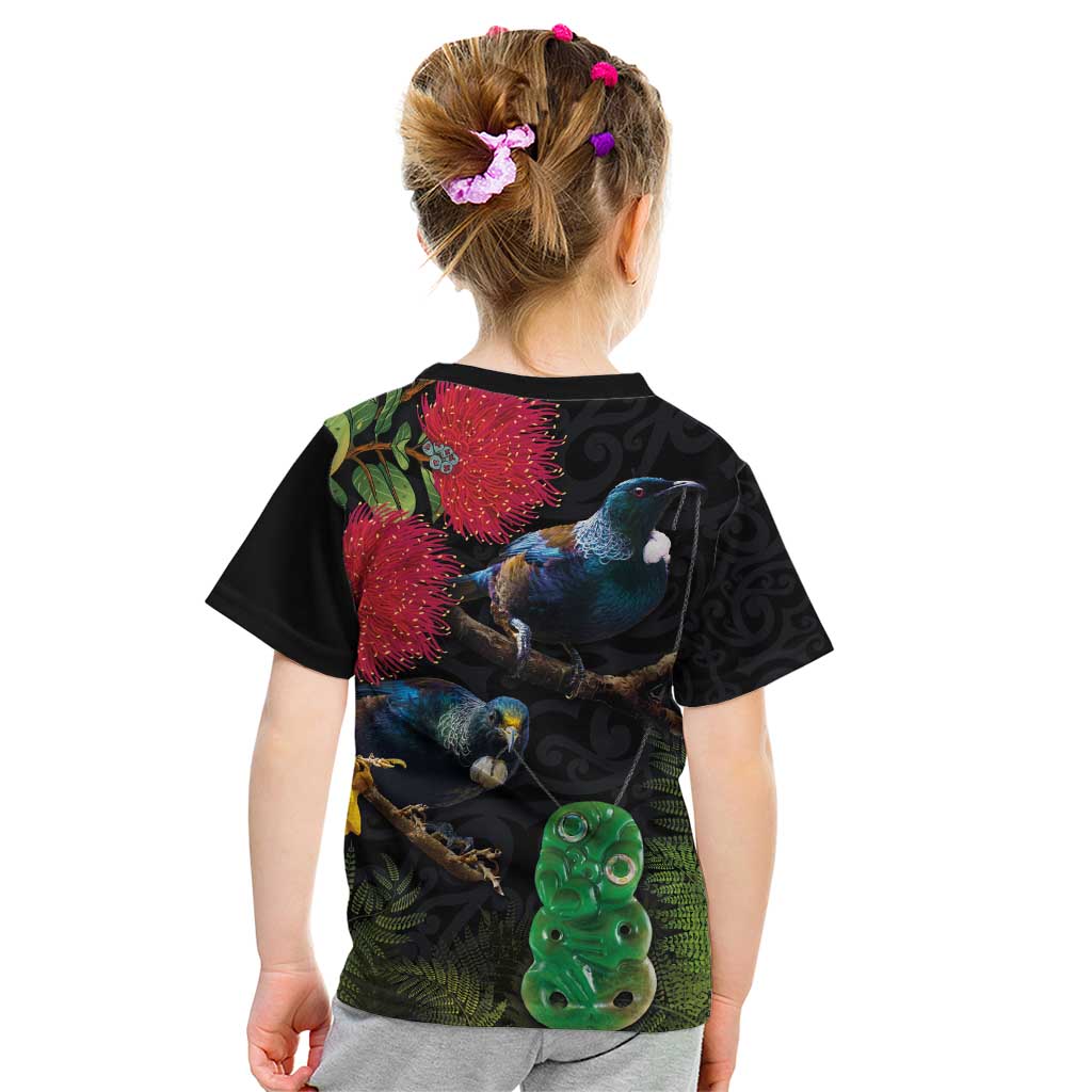 New Zealand Tui Kid T Shirt Guardians of the Hei Tiki - Maori Art and Plants