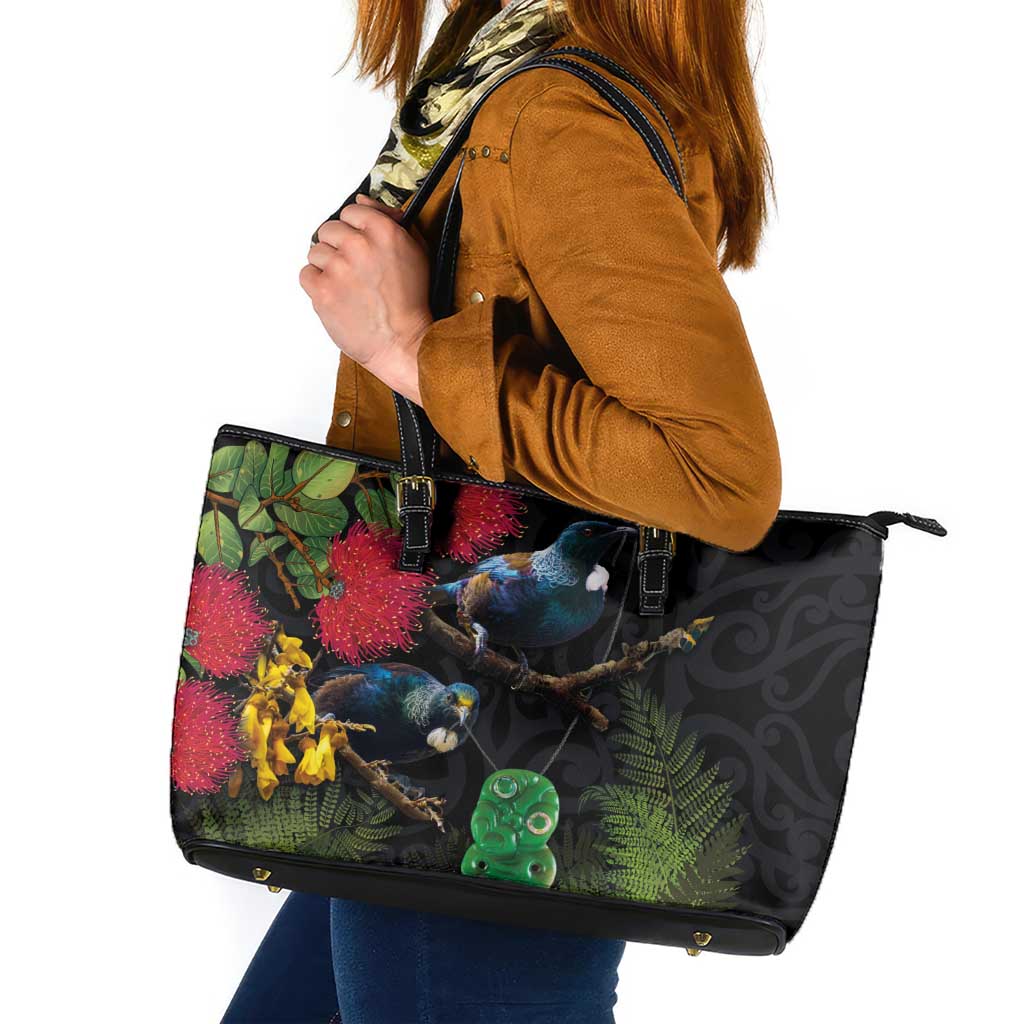 New Zealand Tui Leather Tote Bag Guardians of the Hei Tiki - Maori Art and Plants LT03 Black - Polynesian Pride