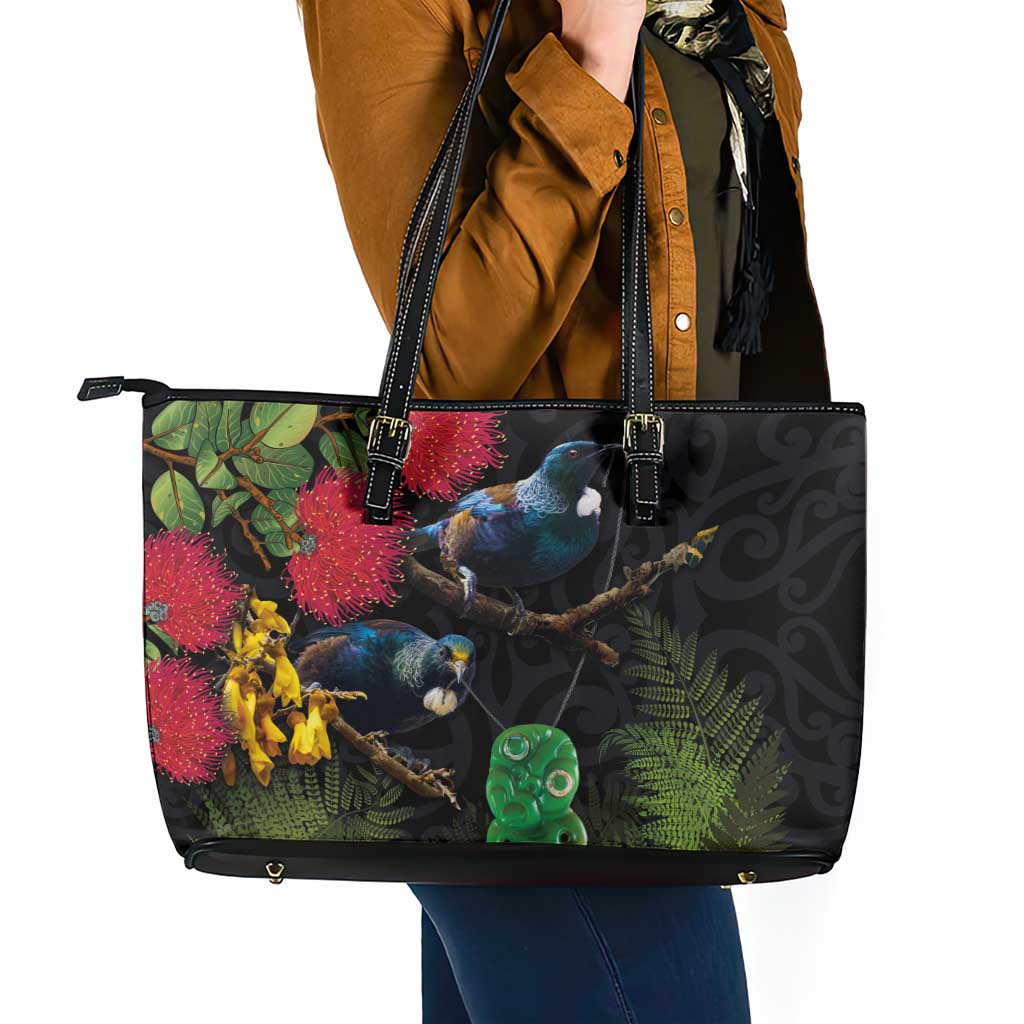 New Zealand Tui Leather Tote Bag Guardians of the Hei Tiki - Maori Art and Plants LT03 - Polynesian Pride